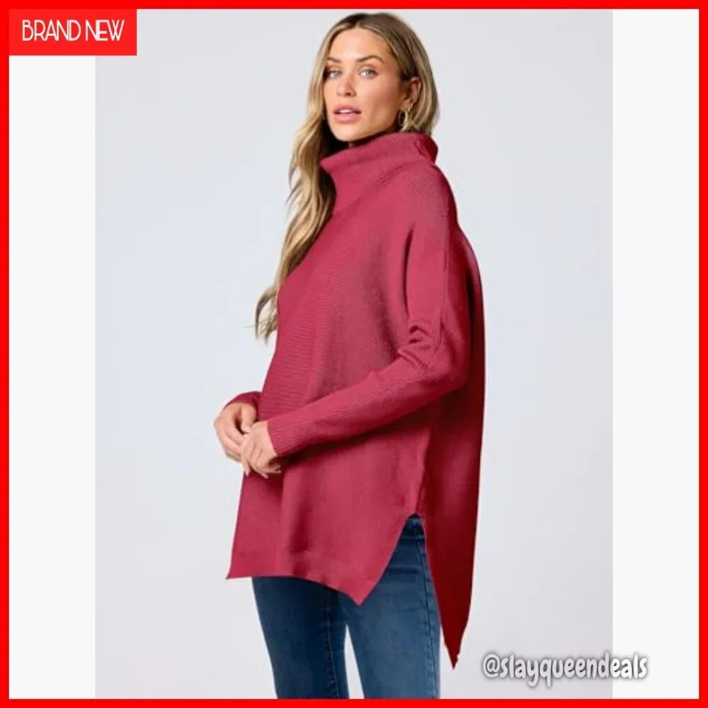 Oversized Turtleneck Batwing Sleeve Split Hem Knit Pullover Sweater Top